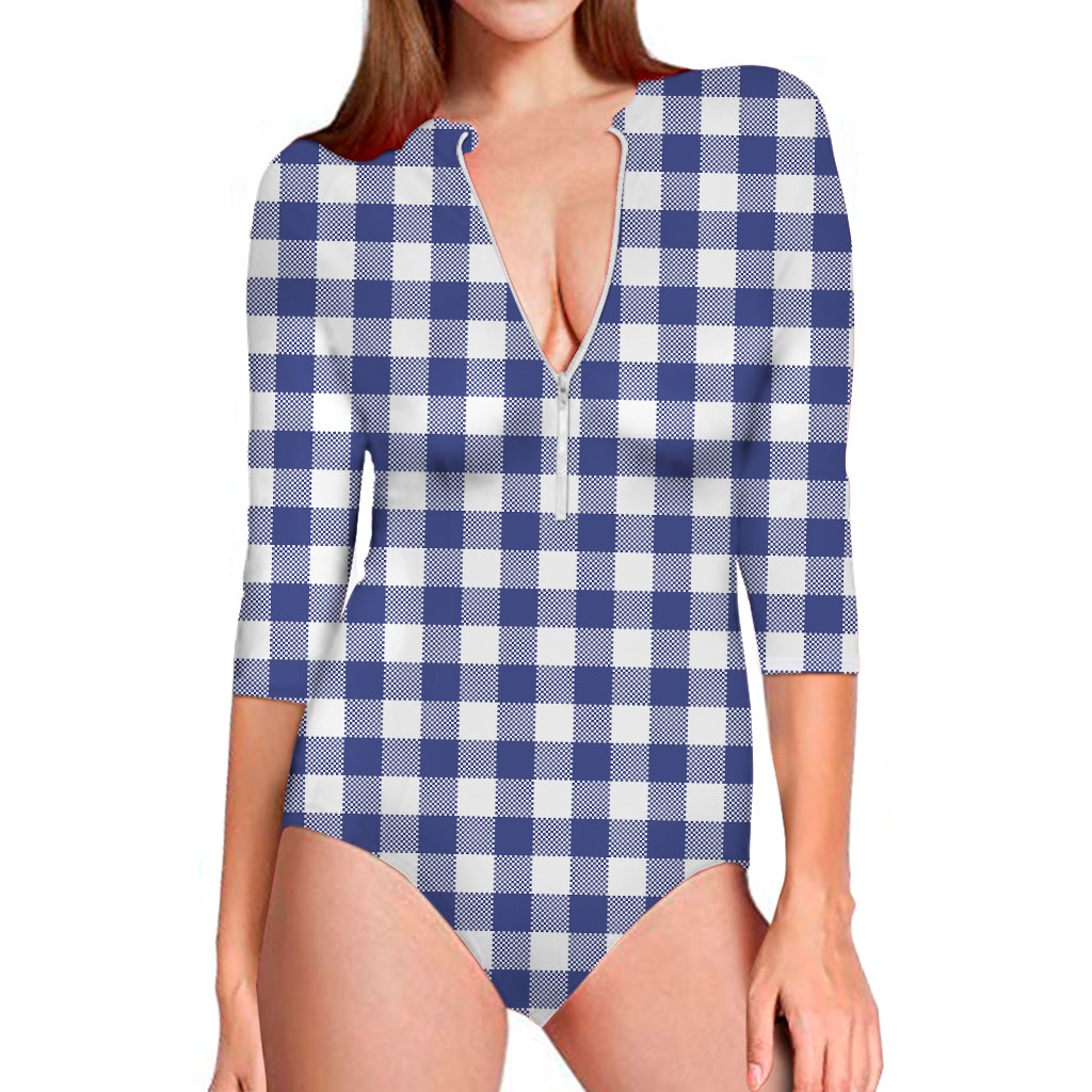 Indigo Blue And White Gingham Print Long Sleeve One Piece Swimsuit