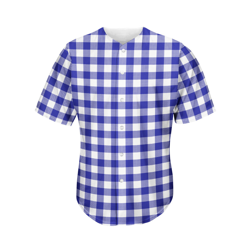 Indigo Blue And White Gingham Print Men's Baseball Jersey