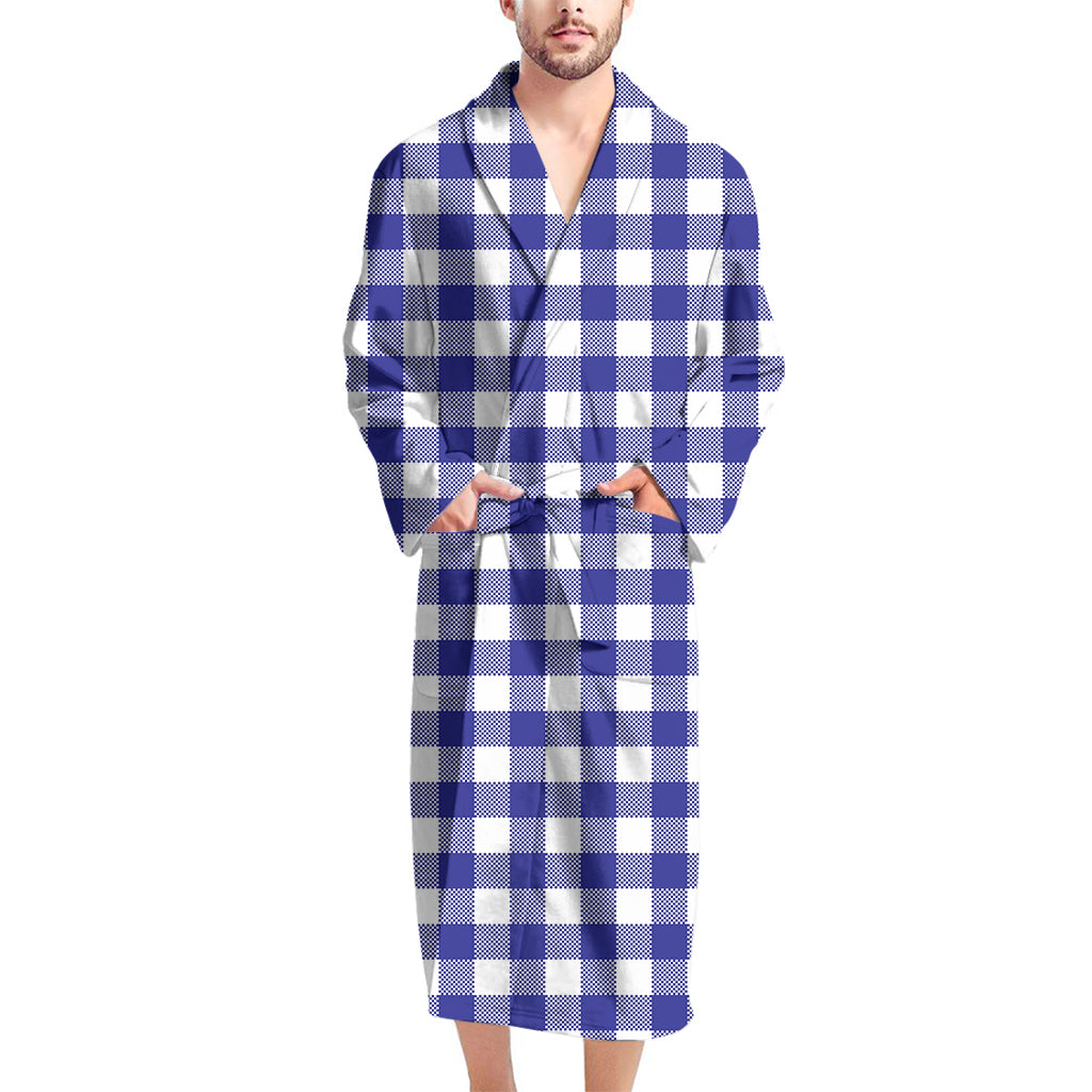 Indigo Blue And White Gingham Print Men's Bathrobe