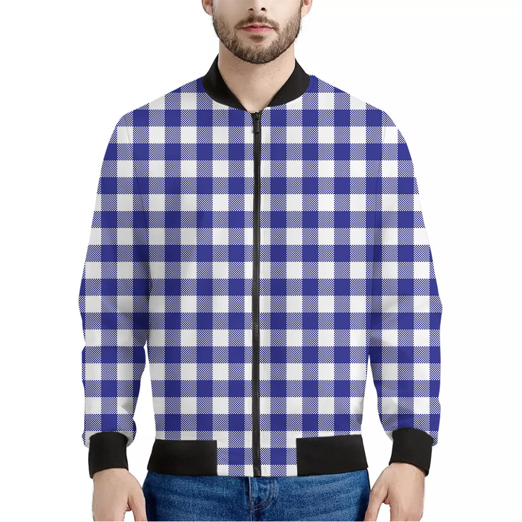 Indigo Blue And White Gingham Print Men's Bomber Jacket