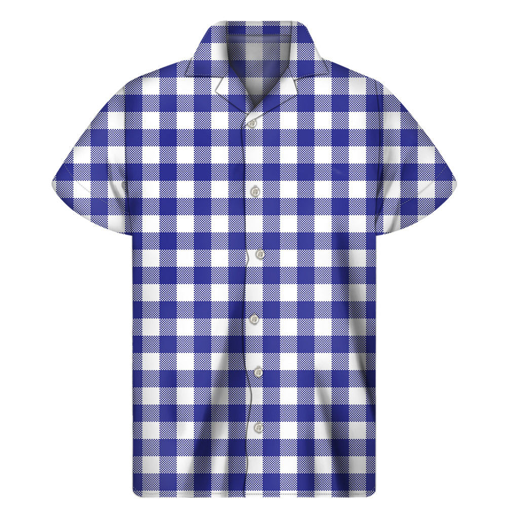 Indigo Blue And White Gingham Print Men's Short Sleeve Shirt