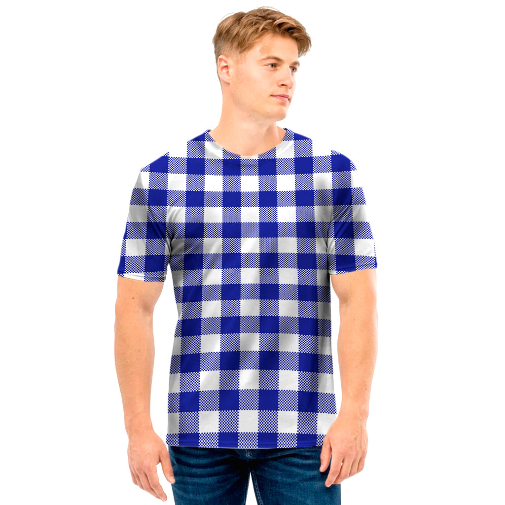 Indigo Blue And White Gingham Print Men's T-Shirt