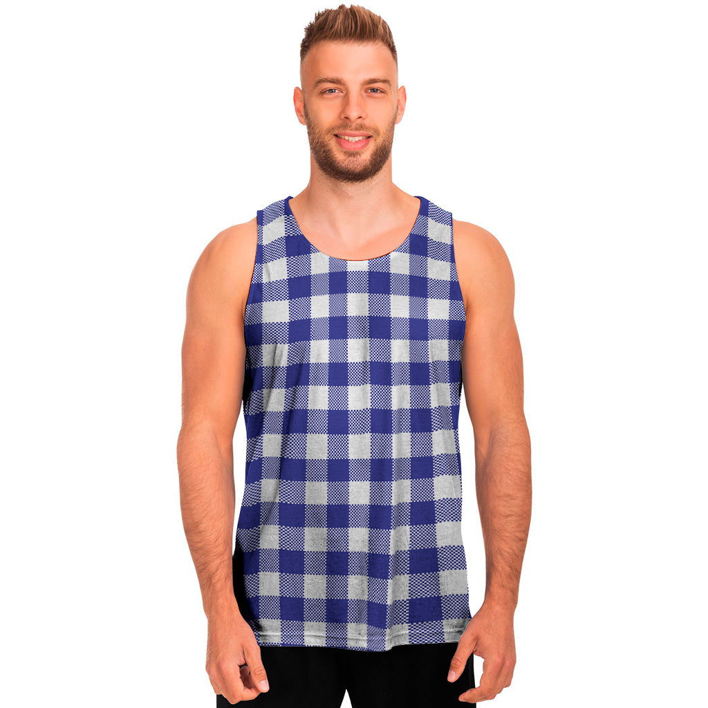 Indigo Blue And White Gingham Print Men's Tank Top