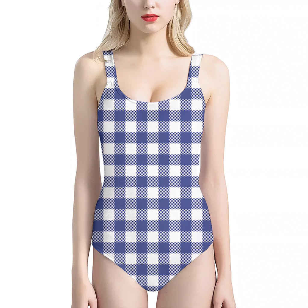 Indigo Blue And White Gingham Print One Piece Halter Neck Swimsuit