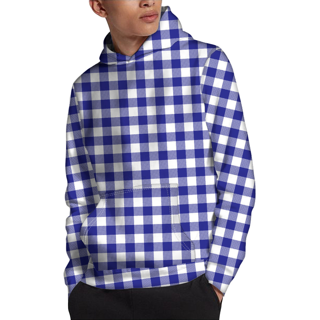 Indigo Blue And White Gingham Print Pullover Hoodie