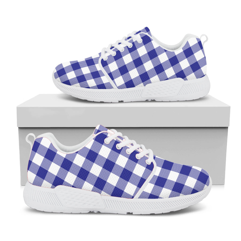 Indigo Blue And White Gingham Print White Athletic Shoes