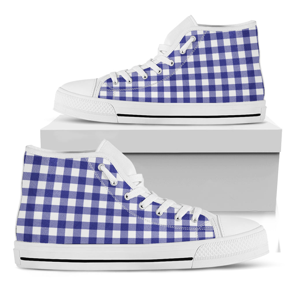 Indigo Blue And White Gingham Print White High Top Shoes