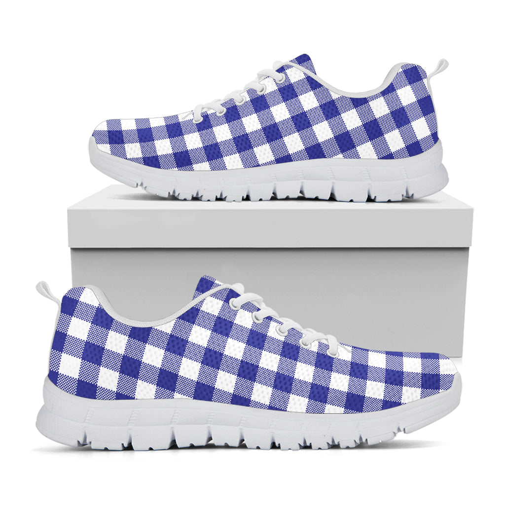 Indigo Blue And White Gingham Print White Sneakers