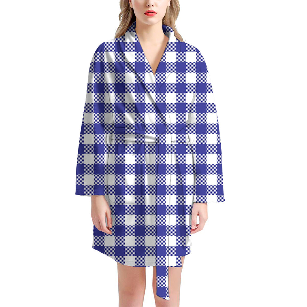 Indigo Blue And White Gingham Print Women's Bathrobe