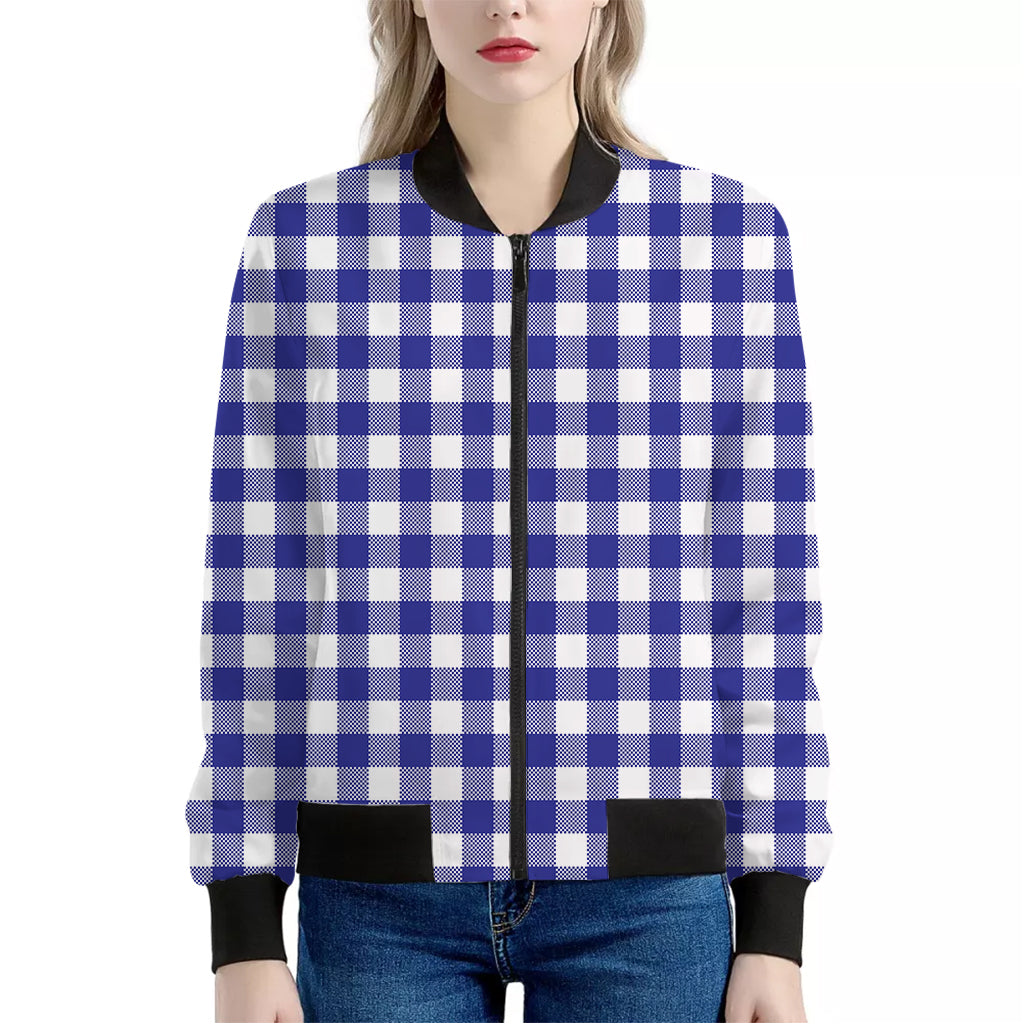 Indigo Blue And White Gingham Print Women's Bomber Jacket