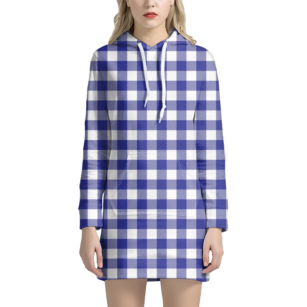 Indigo Blue And White Gingham Print Women's Pullover Hoodie Dress