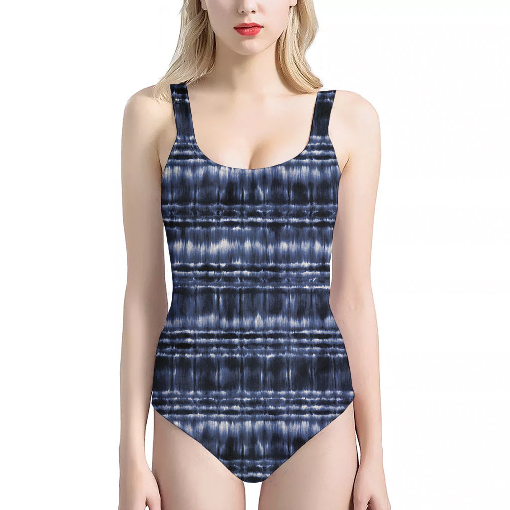 Indigo Dye Shibori Print One Piece Halter Neck Swimsuit