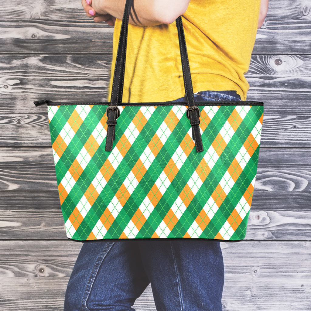 Irish Argyle Pattern Print Leather Tote Bag