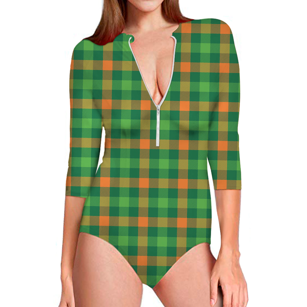 Irish Buffalo Check Pattern Print Long Sleeve One Piece Swimsuit