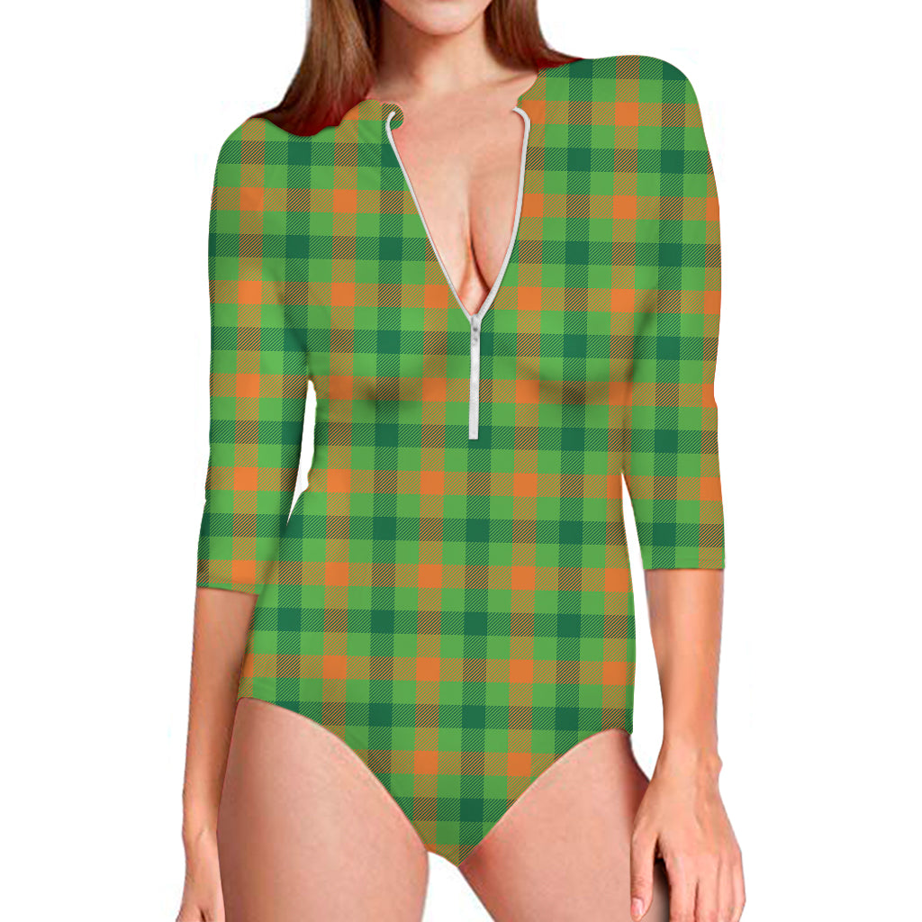 Irish Buffalo Plaid Pattern Print Long Sleeve One Piece Swimsuit