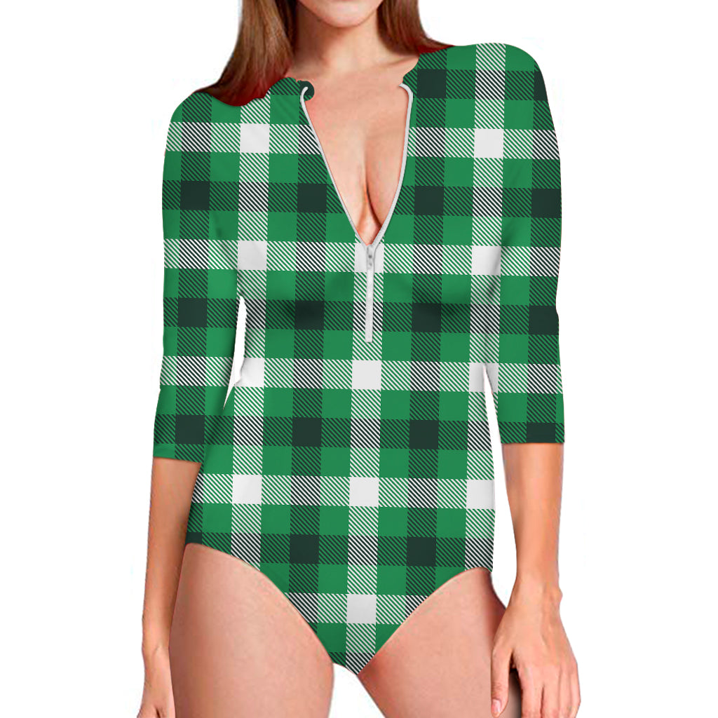 Irish Check Saint Patrick's Day Print Long Sleeve One Piece Swimsuit