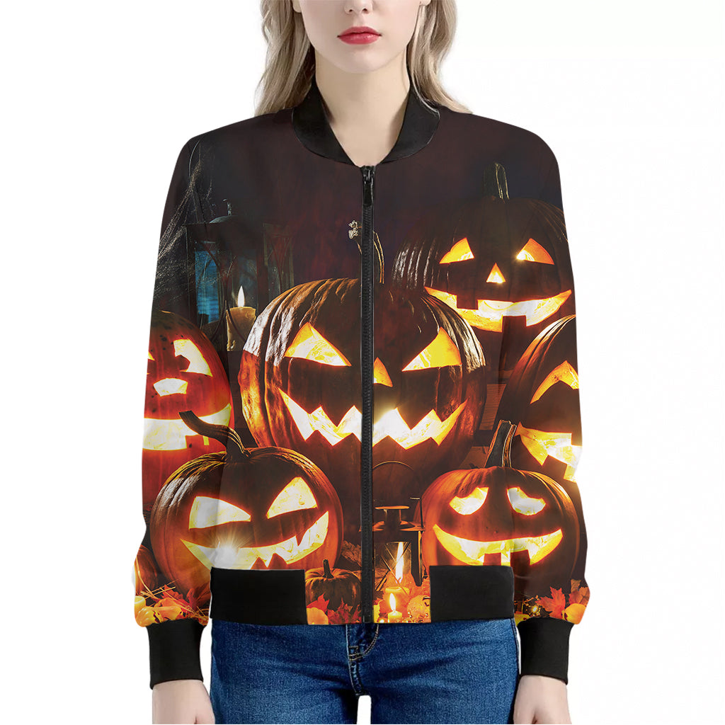 Jack-O'-Lantern Halloween Pumpkin Print Women's Bomber Jacket