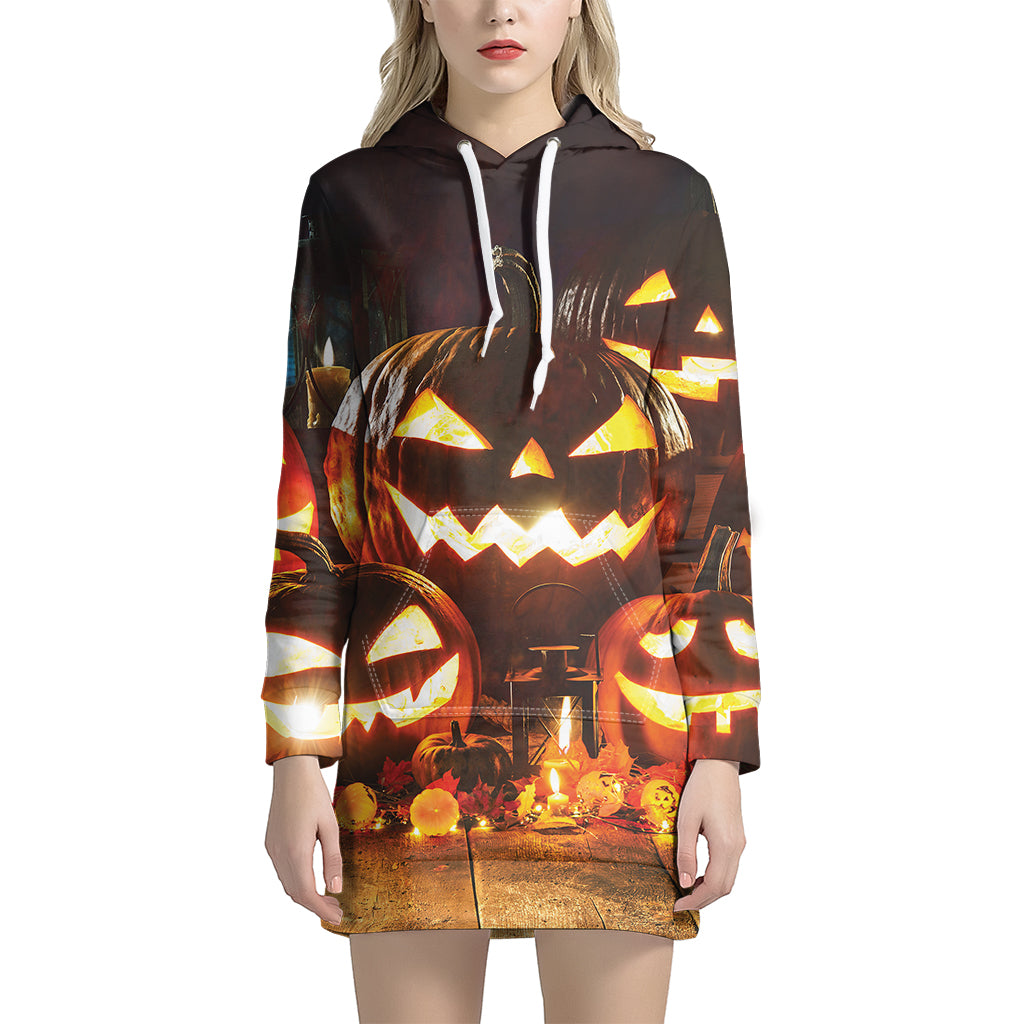 Jack-O'-Lantern Halloween Pumpkin Print Women's Pullover Hoodie Dress