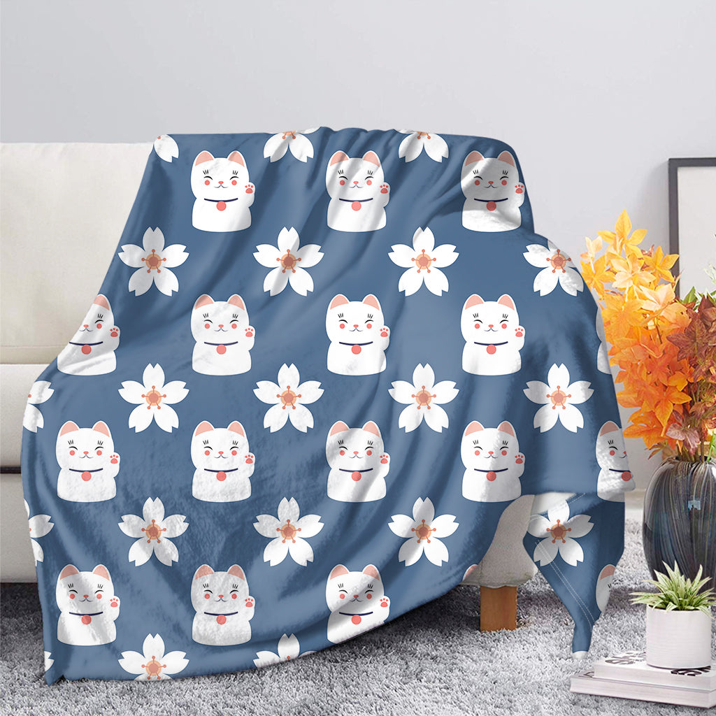 Japanese Lucky Cat And Sakura Print Blanket