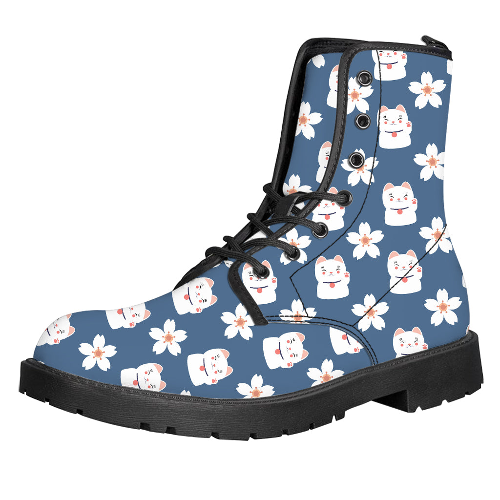 Japanese Lucky Cat And Sakura Print Leather Boots