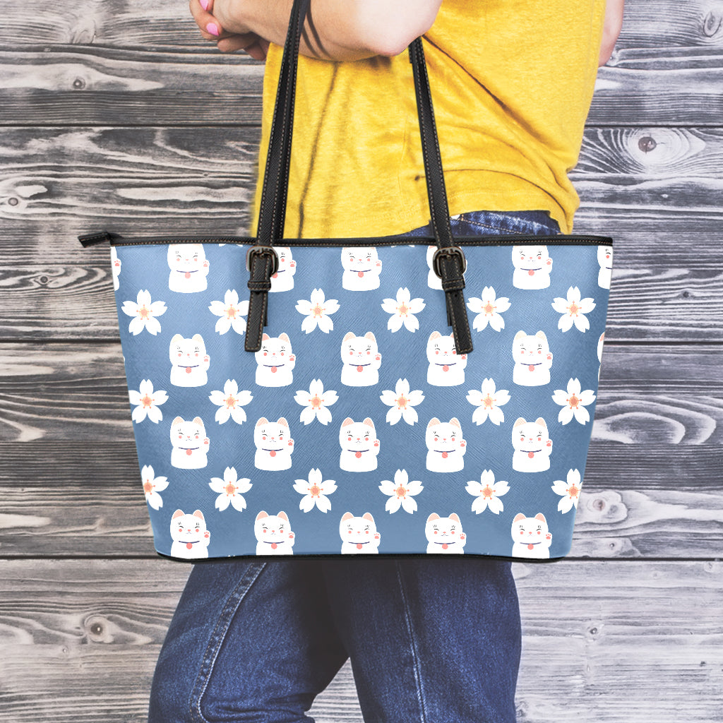 Japanese Lucky Cat And Sakura Print Leather Tote Bag