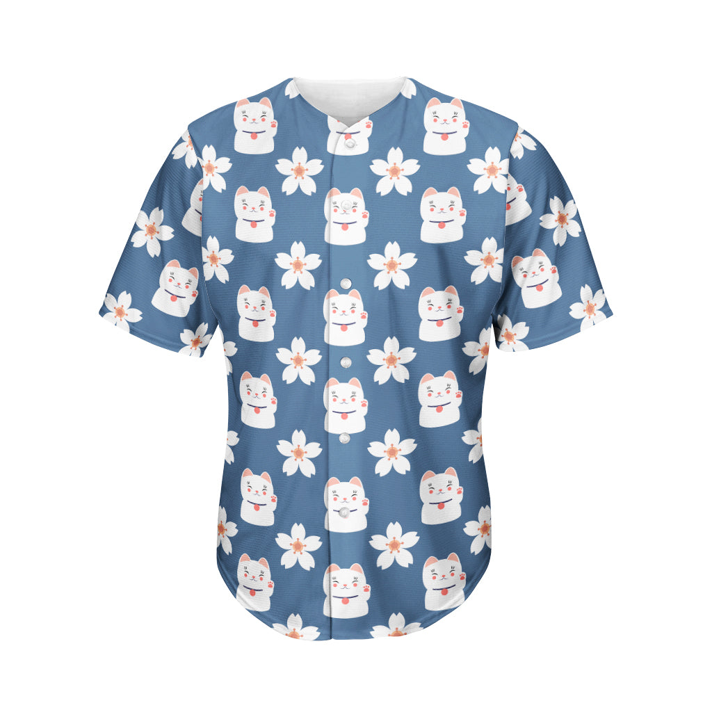 Japanese Lucky Cat And Sakura Print Men's Baseball Jersey