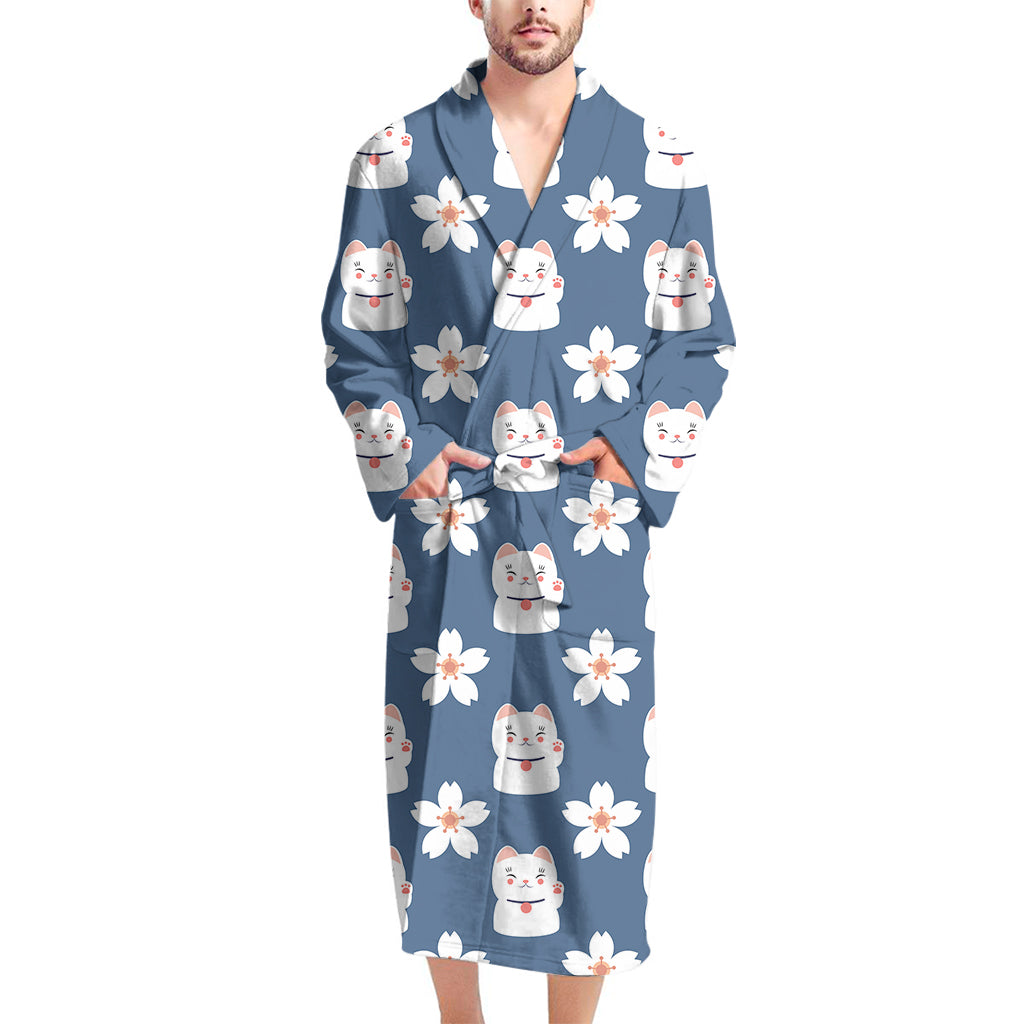 Japanese Lucky Cat And Sakura Print Men's Bathrobe