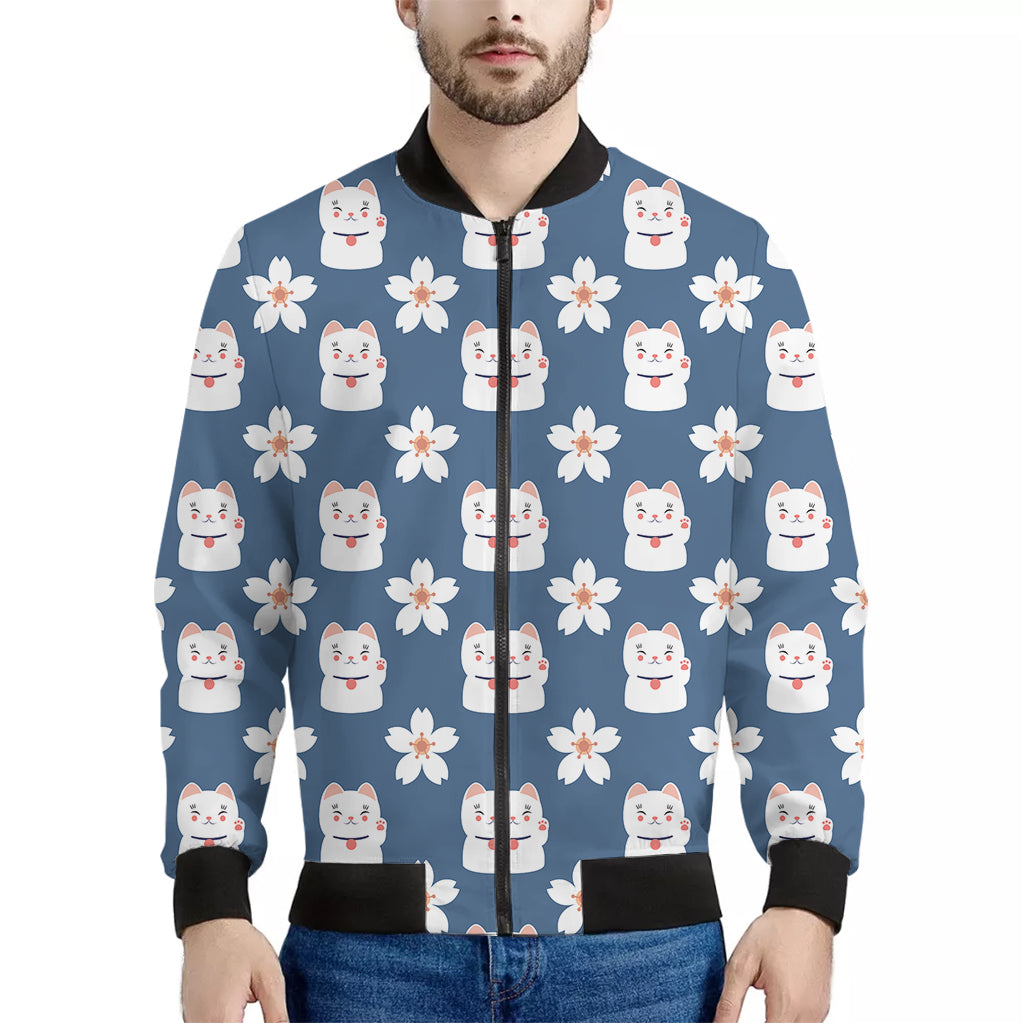 Japanese Lucky Cat And Sakura Print Men's Bomber Jacket