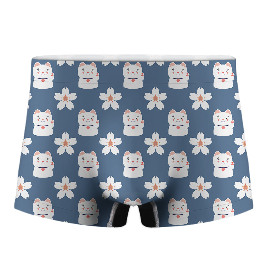 Japanese Lucky Cat And Sakura Print Men's Boxer Briefs