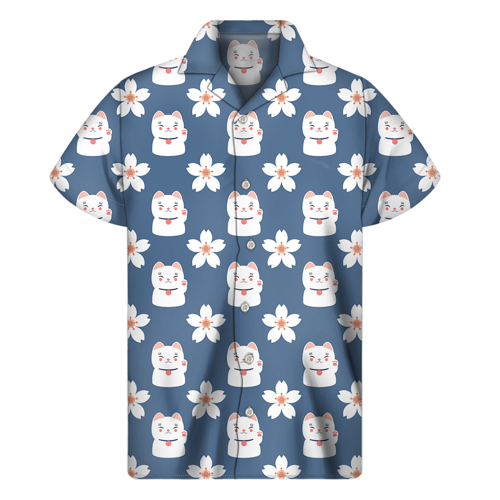 Japanese Lucky Cat And Sakura Print Men's Short Sleeve Shirt