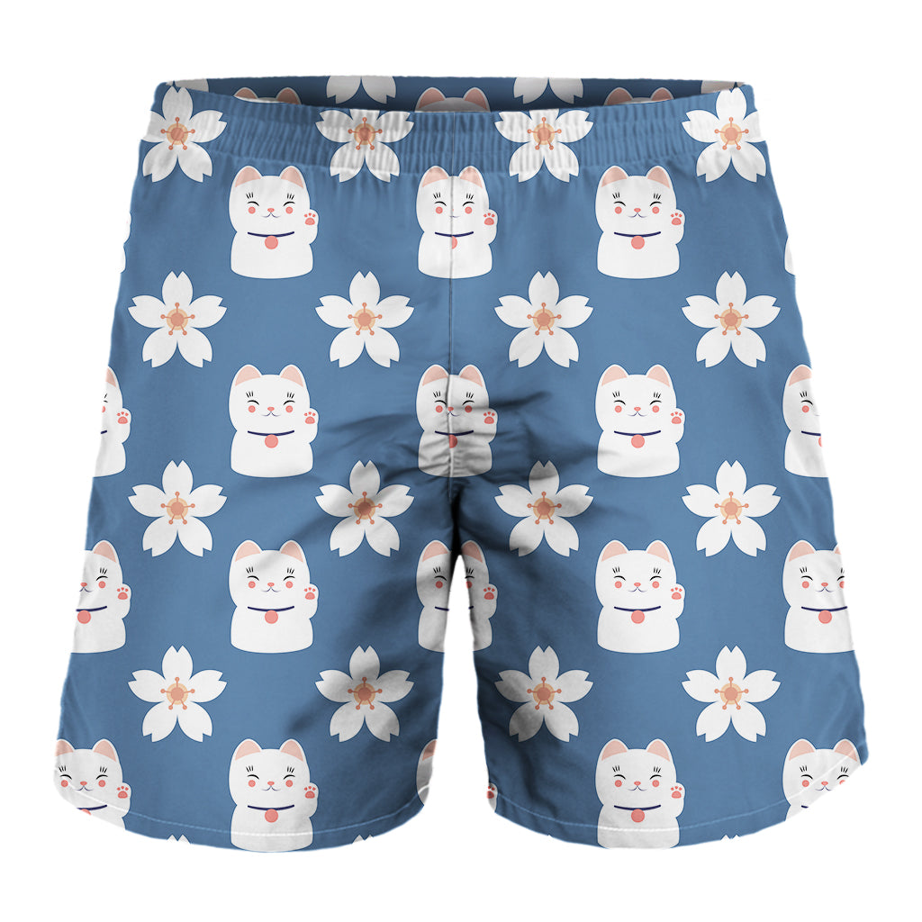 Japanese Lucky Cat And Sakura Print Men's Shorts