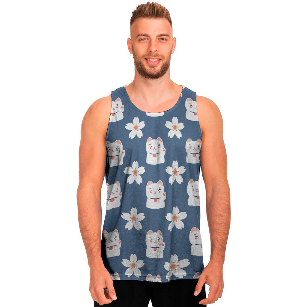 Japanese Lucky Cat And Sakura Print Men's Tank Top