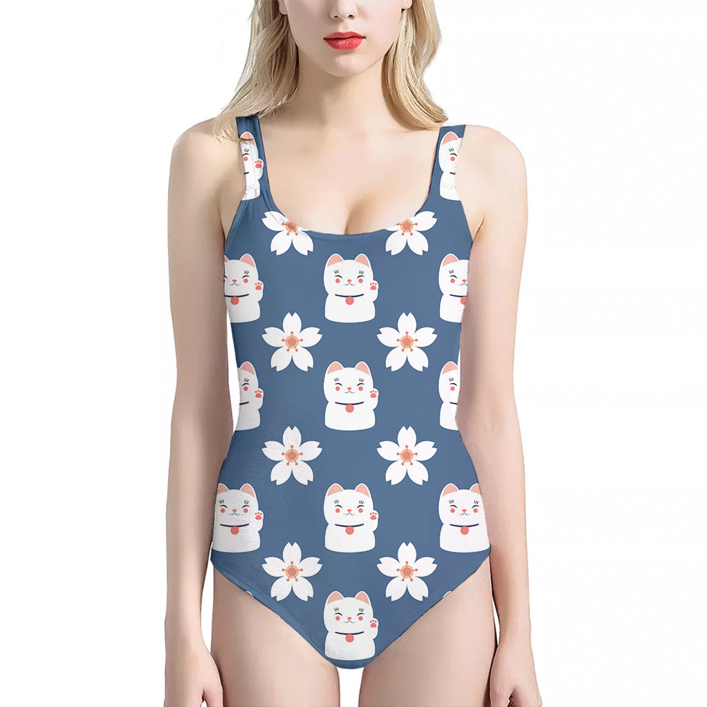 Japanese Lucky Cat And Sakura Print One Piece Halter Neck Swimsuit