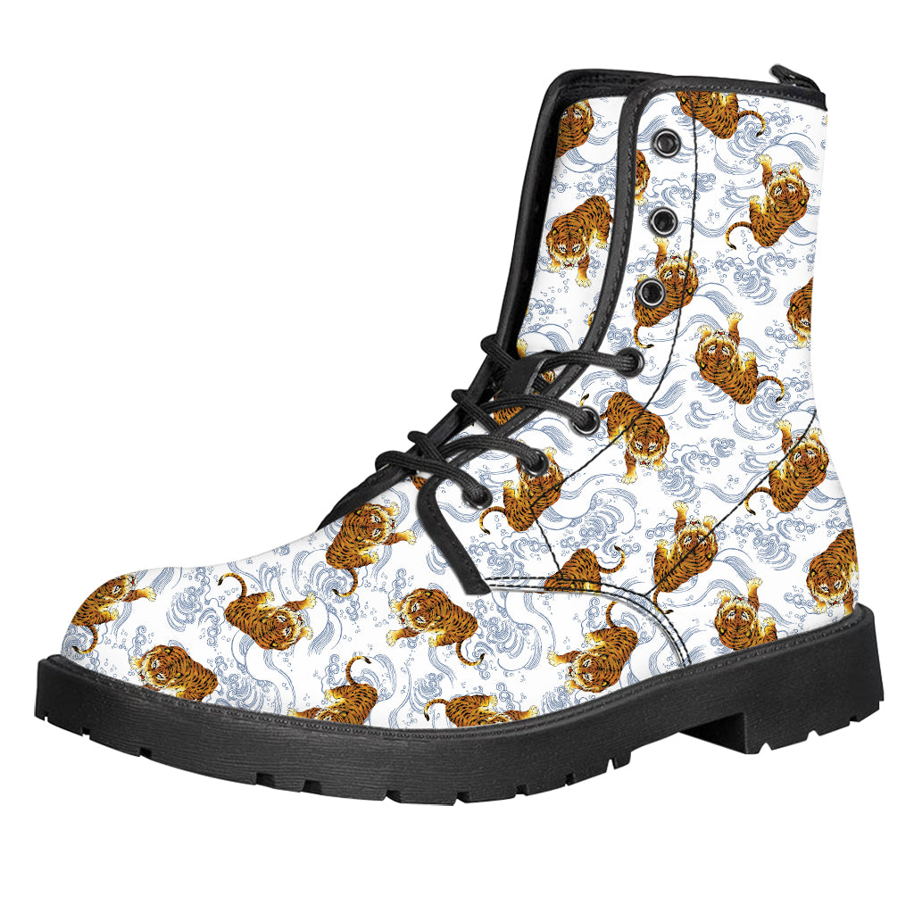 Japanese Tiger Pattern Print Leather Boots