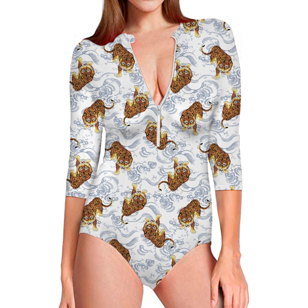 Japanese Tiger Pattern Print Long Sleeve One Piece Swimsuit