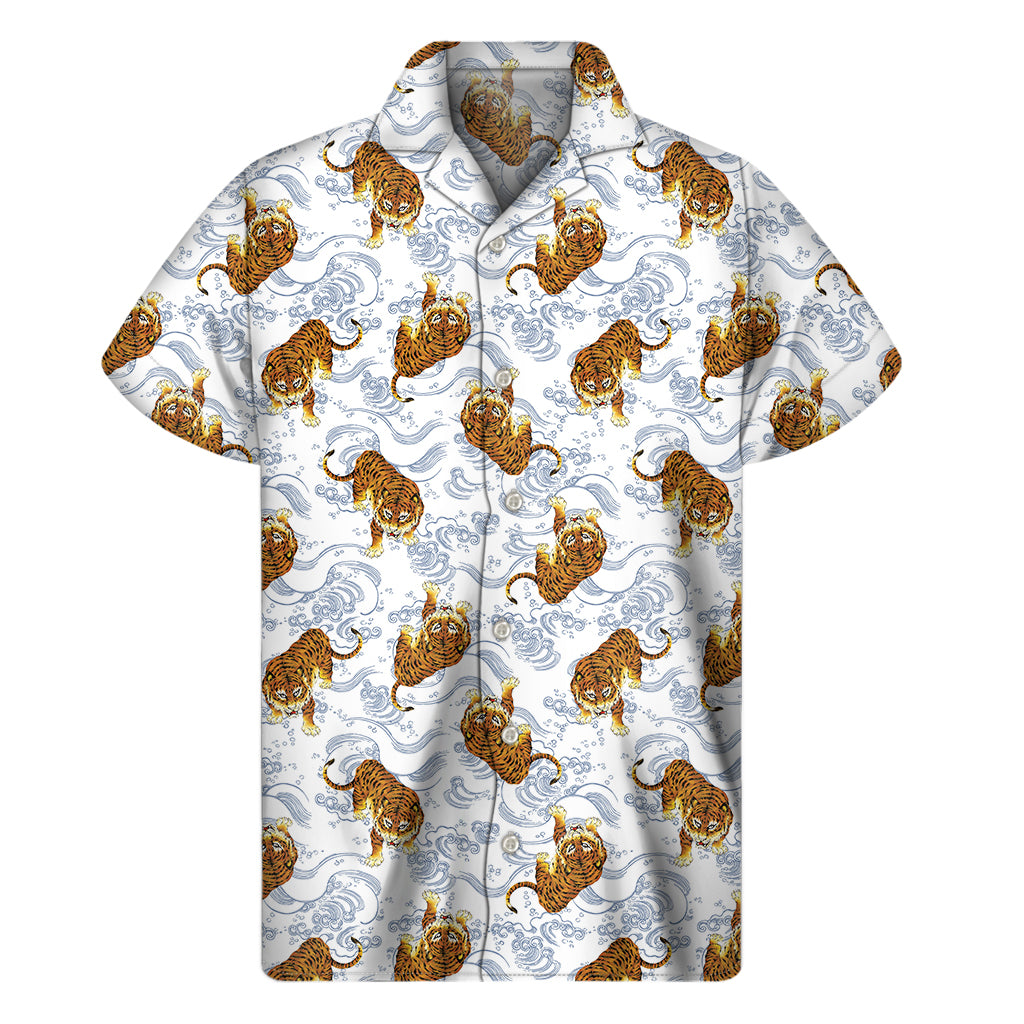 Japanese Tiger Pattern Print Men's Short Sleeve Shirt