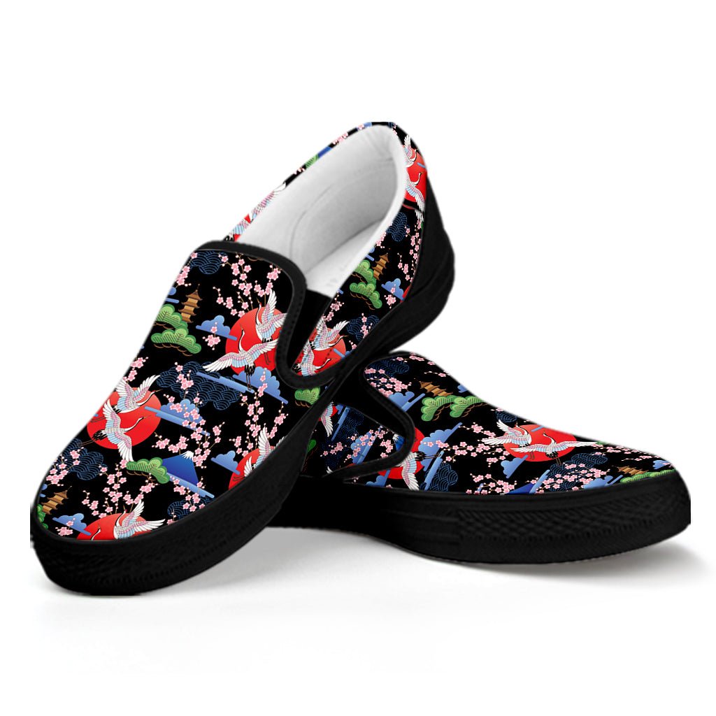 Japanese Traditional Pattern Print Black Slip On Shoes