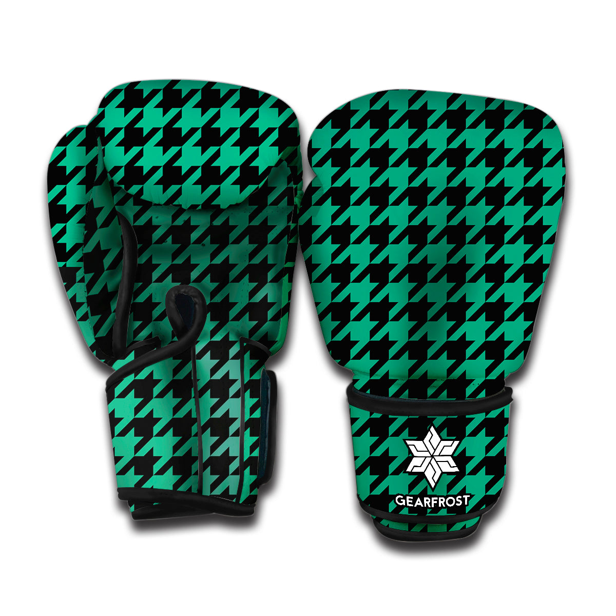 Jungle Green And Black Houndstooth Print Boxing Gloves