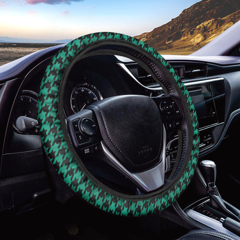 Jungle Green And Black Houndstooth Print Car Steering Wheel Cover