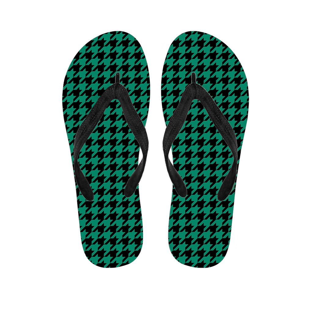 Jungle Green And Black Houndstooth Print Flip Flops