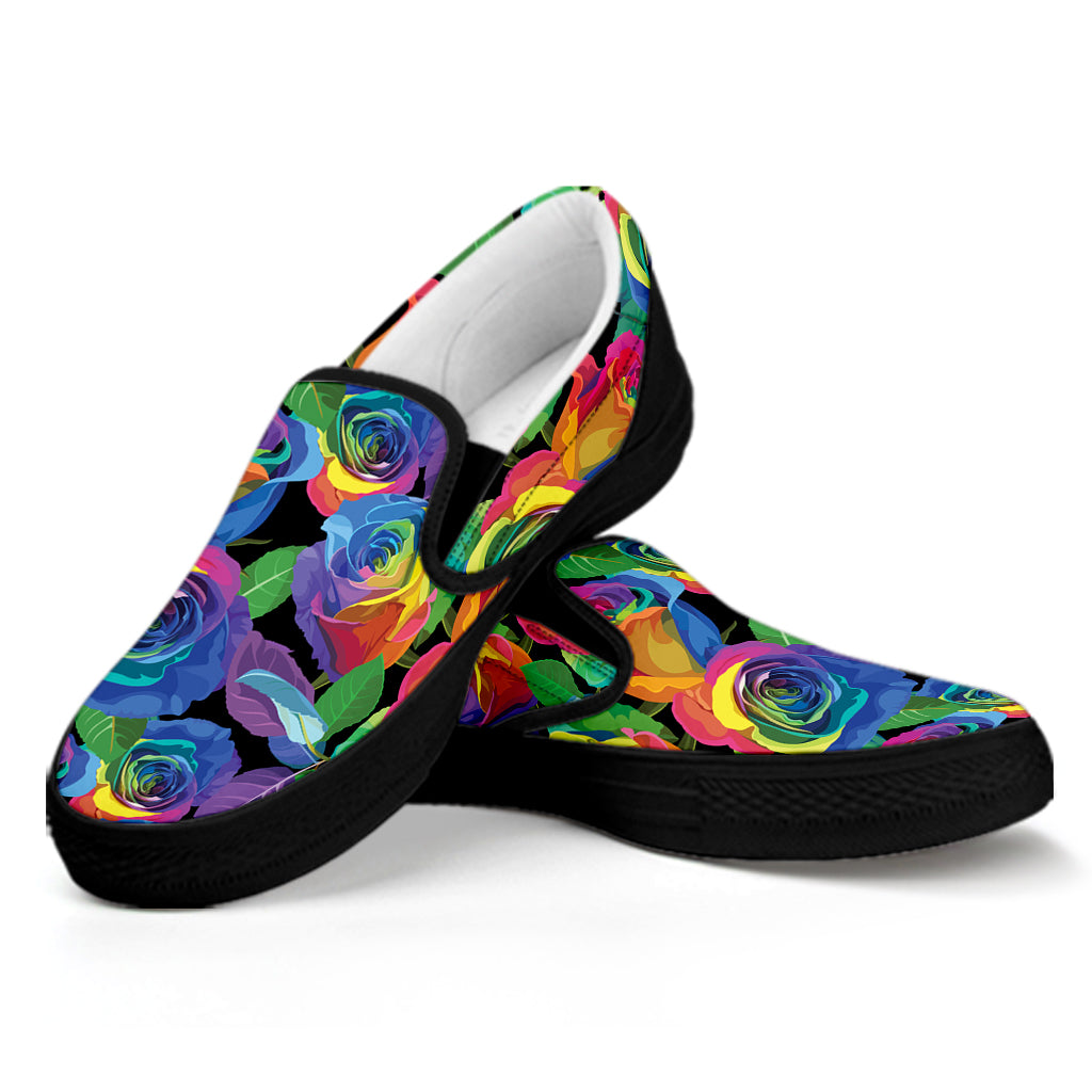 LGBT Pride Rainbow Roses Pattern Print Black Slip On Shoes