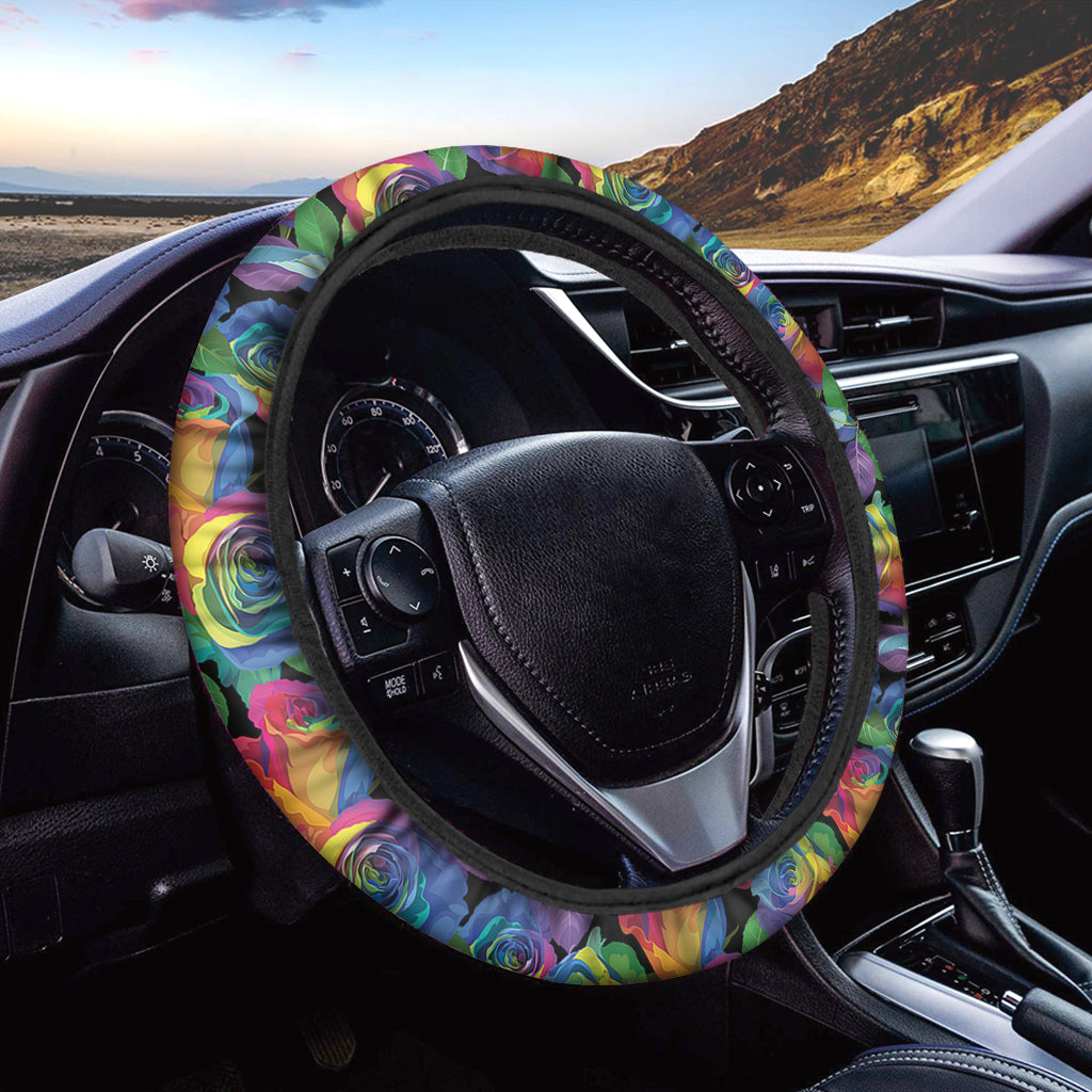 LGBT Pride Rainbow Roses Pattern Print Car Steering Wheel Cover