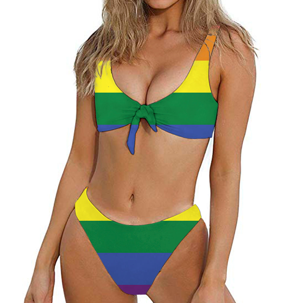 LGBT Pride Rainbow Striped Print Front Bow Tie Bikini