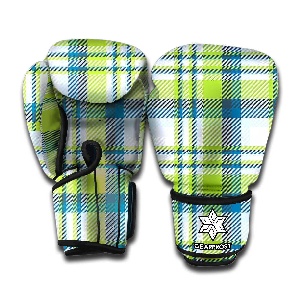 Lime And Blue Madras Plaid Print Boxing Gloves