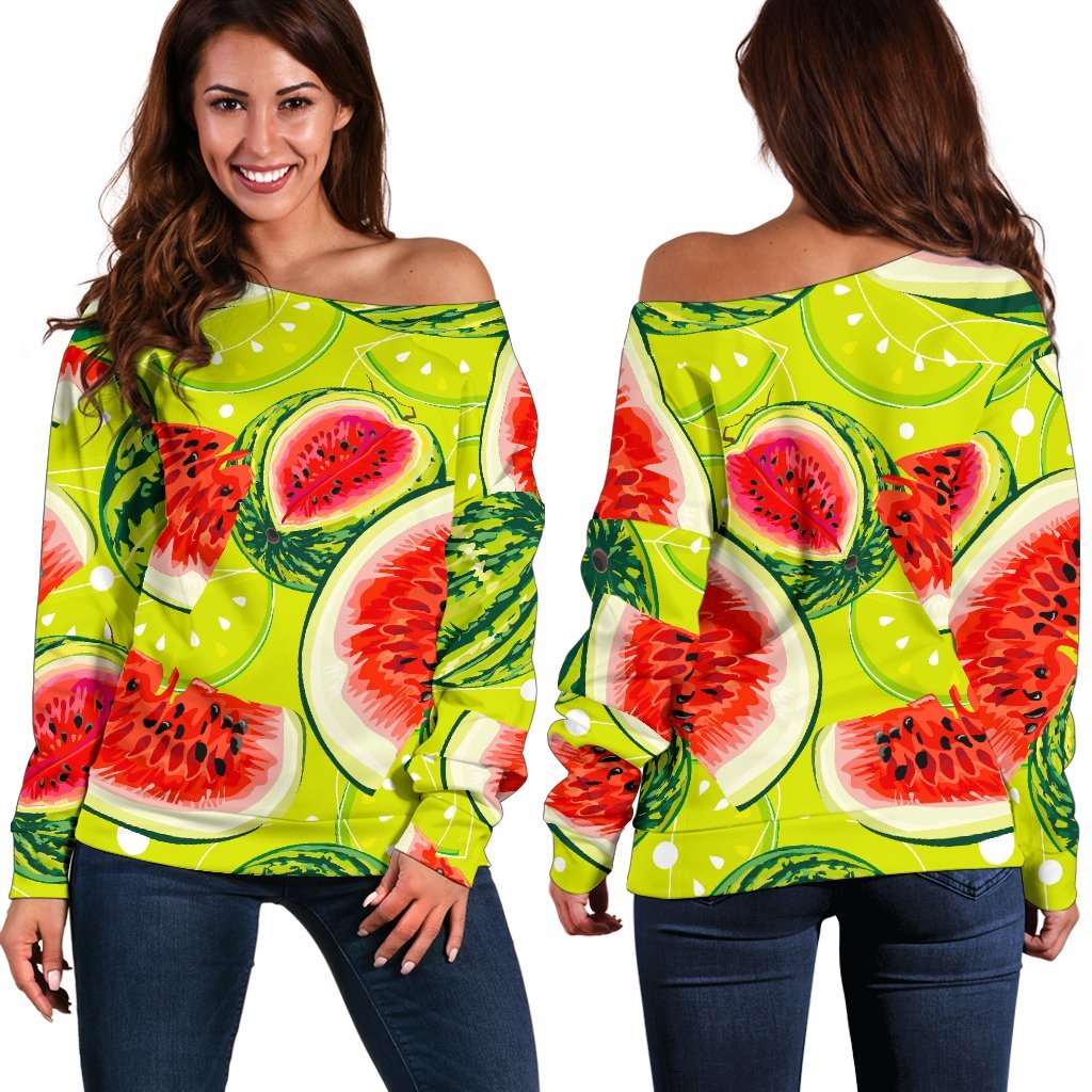 Lime Green Watermelon Pattern Print Women's Off-Shoulder Sweatshirt