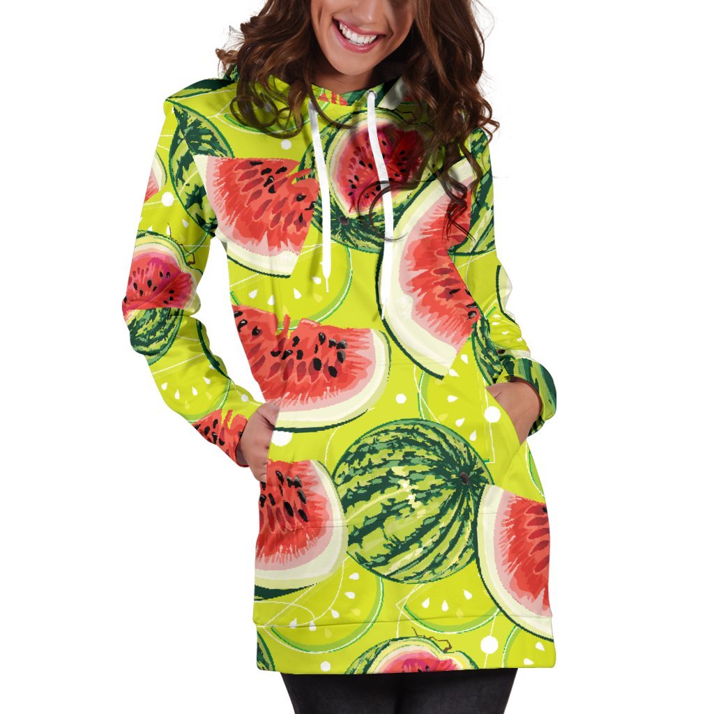 Lime Green Watermelon Pattern Print Women's Pullover Hoodie Dress