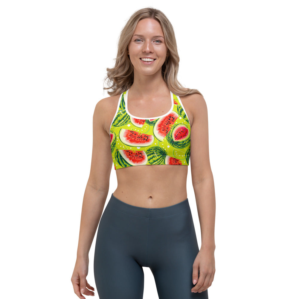 Lime Green Watermelon Pattern Print Women's Sports Bra