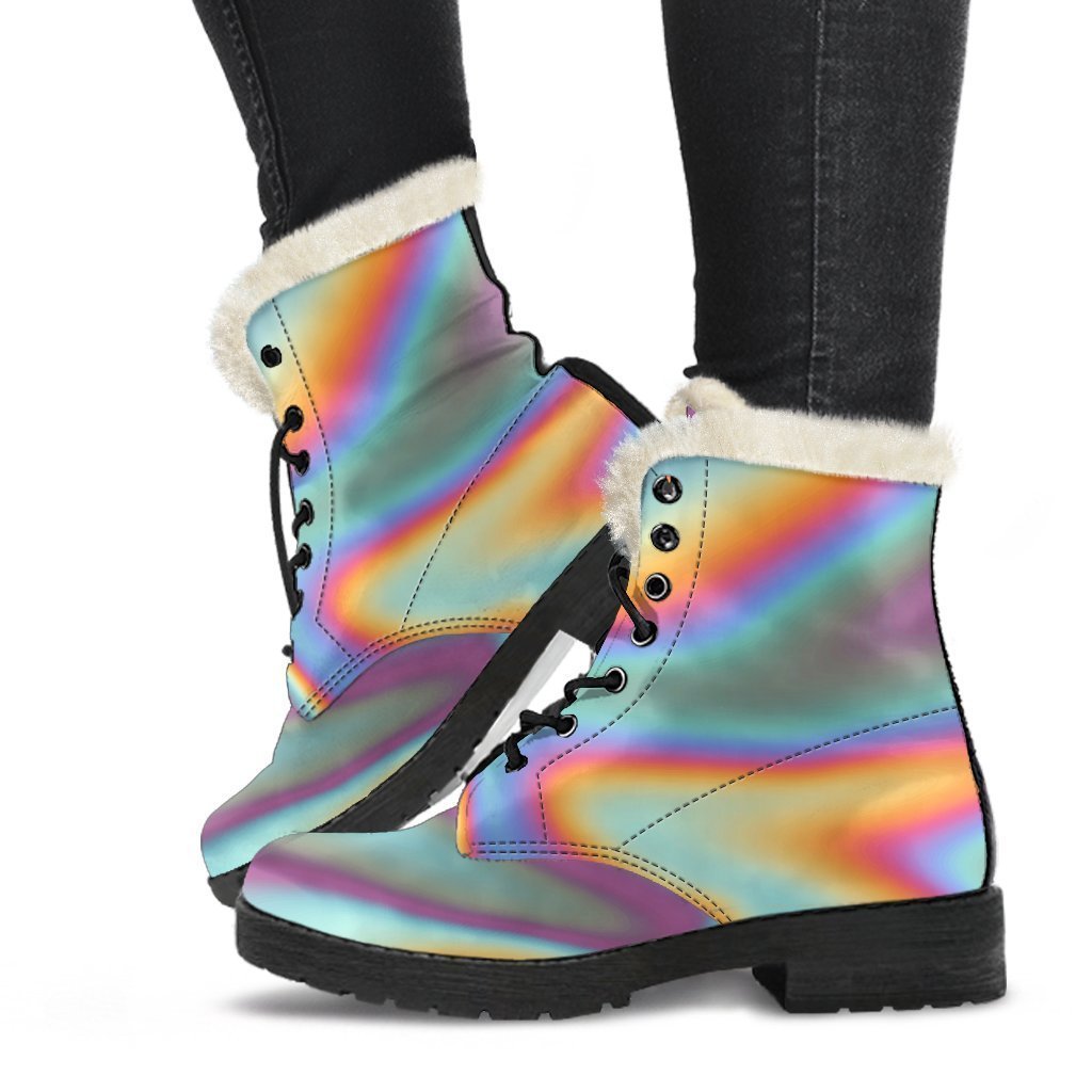 Liquid Holographic Trippy Print Faux Fur Leather Boots