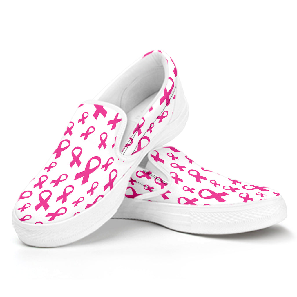 Little Breast Cancer Ribbon Print White Slip On Shoes