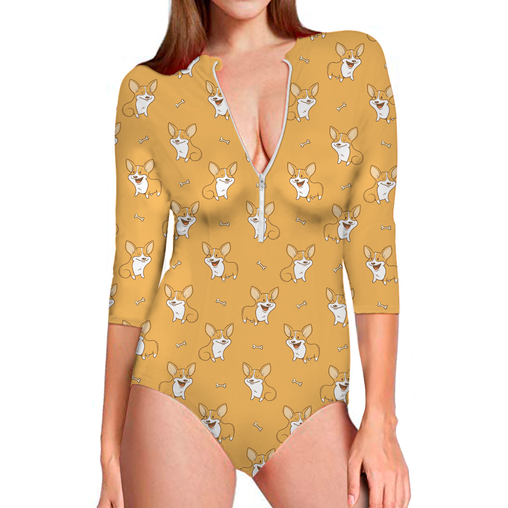 Little Corgi Pattern Print Long Sleeve One Piece Swimsuit